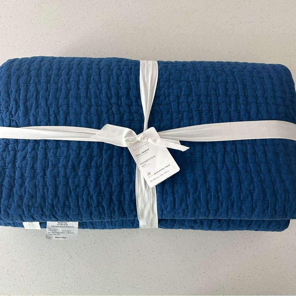 Pottery Barn Pick-Stitch Quilt Full Queen Capri Blue NEW - Picture 2 of 4